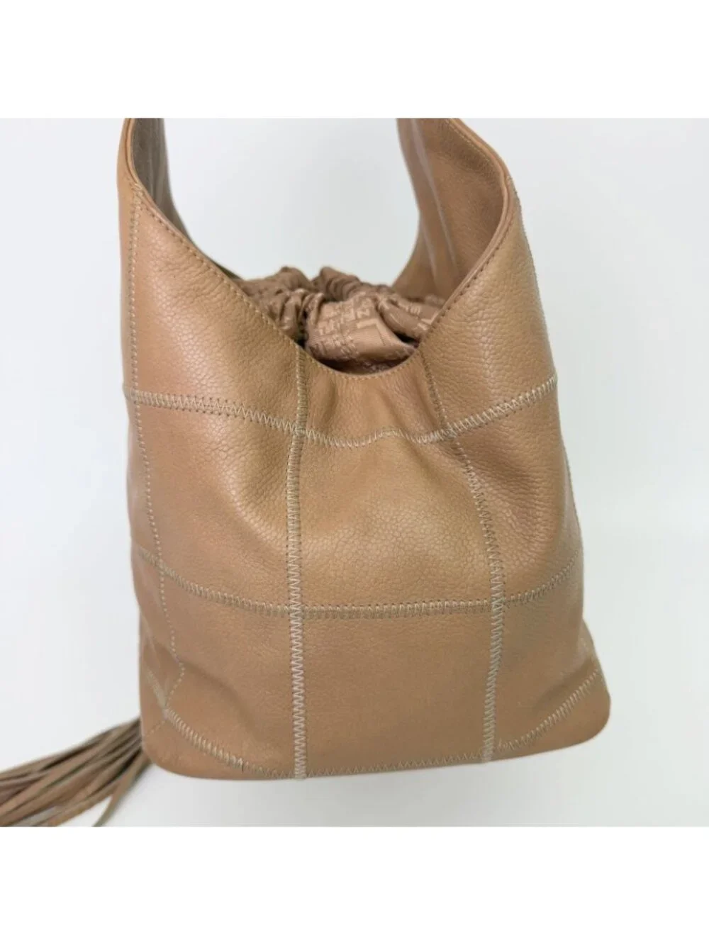 Chanel CC Logo Fringe Drawstring Handbag Leather Beige Vintage